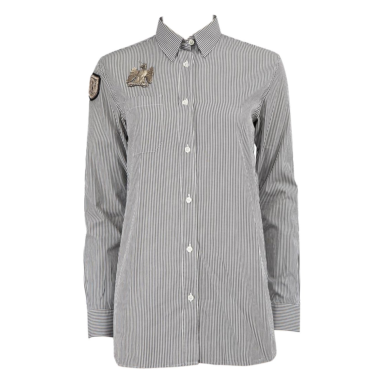 Balmain Grey Striped Eagle Detail Buttoned Shirt Size XS For Sale