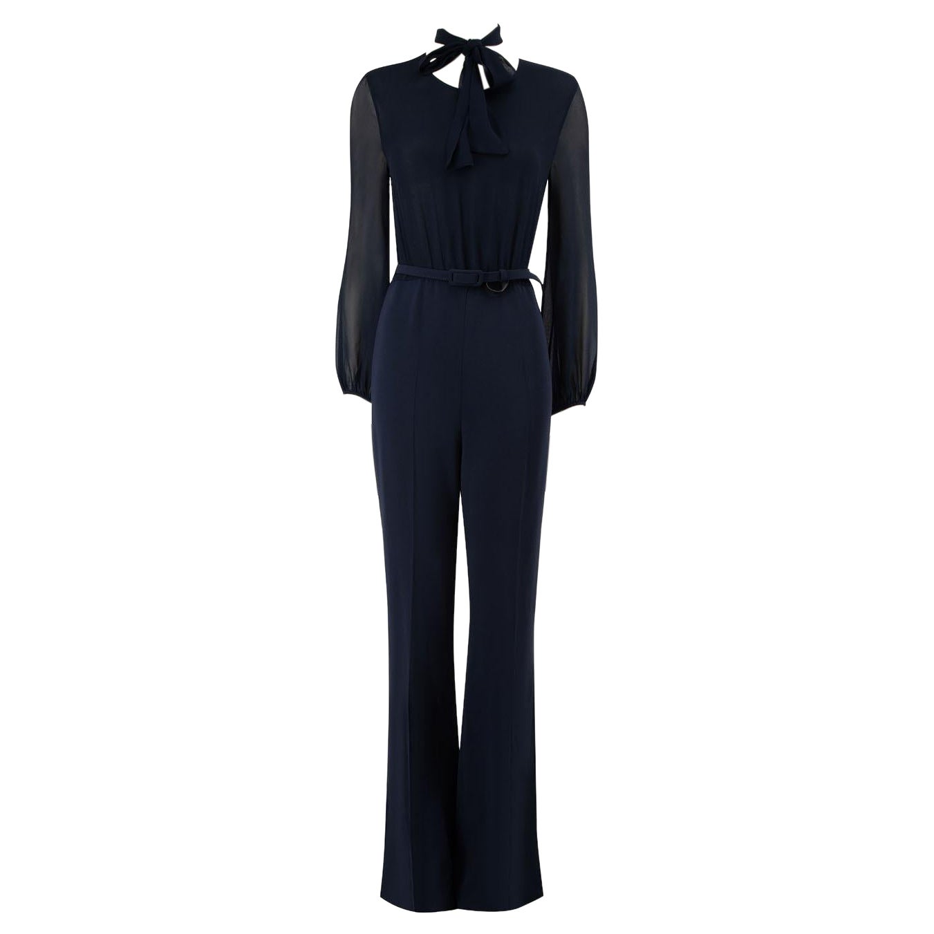 Max Mara Navy Silk Sheer Top Belted Jumpsuit Size M For Sale