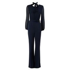 Used Max Mara Navy Silk Sheer Top Belted Jumpsuit Size M
