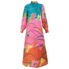 1970s Hanae Mori Pink and Teal Butterfly Print Silk Maxi Retro 70s Dress