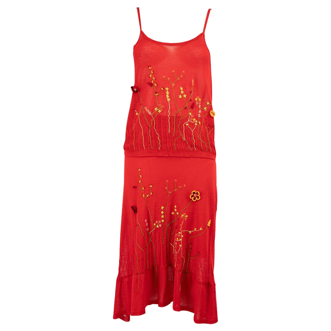 Kenzo, ensemble haut et jupe brodé de fleurs rouges, taille XL en vente