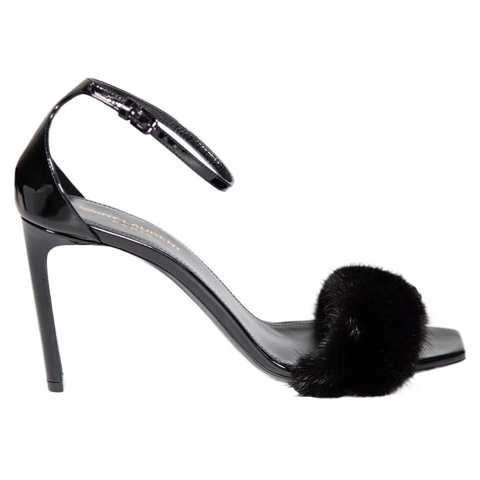Saint Laurent Black Patent Fur Trimmed Heels Size IT 38.5 For Sale