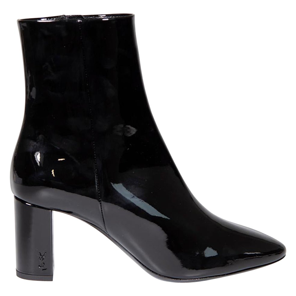 Saint Laurent Black Patent Heeled Ankle Boots Size IT 37.5 For Sale