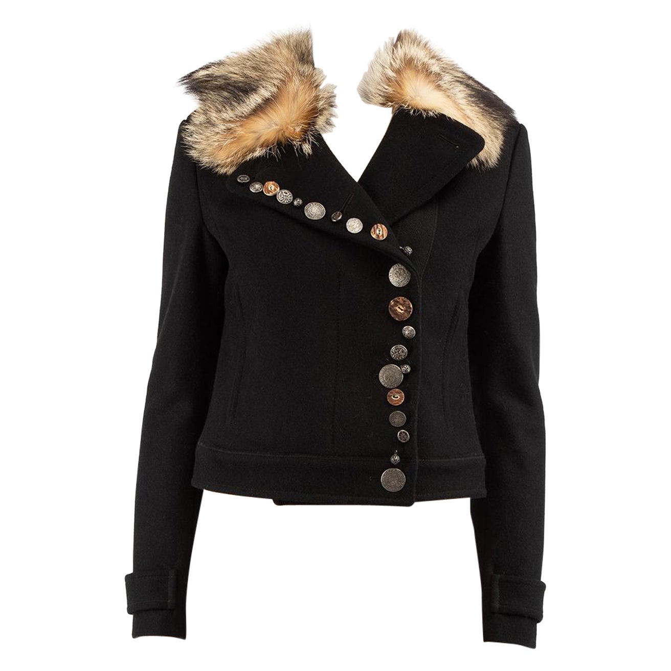 Prada Prada Sports Black Wool Fur Trimmed Button Detail Jacket Size S For Sale