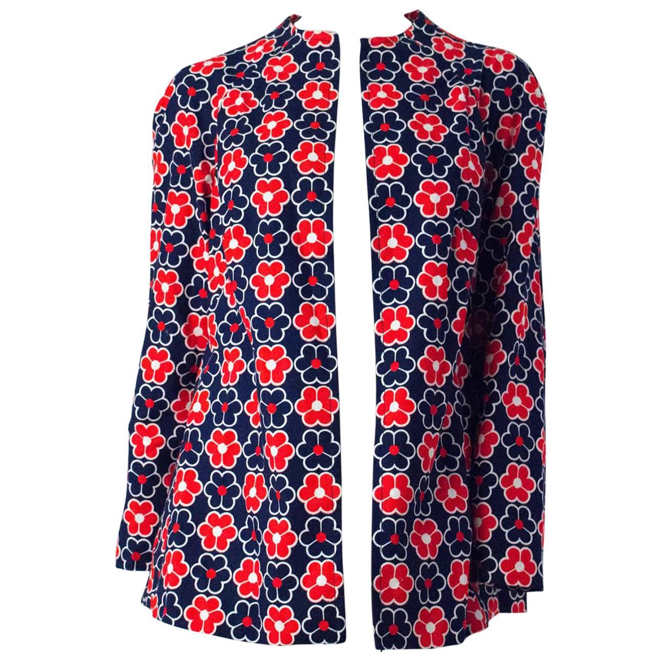60s Red White and Blue Flower Power Print Mod Jacket For Sale