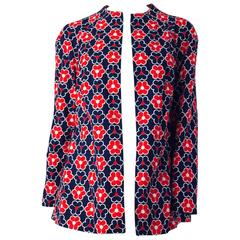 Vintage 60s Red White and Blue Flower Power Print Mod Jacket