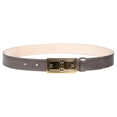 Escada Grey Metallic Leather Logo Buckle Belt