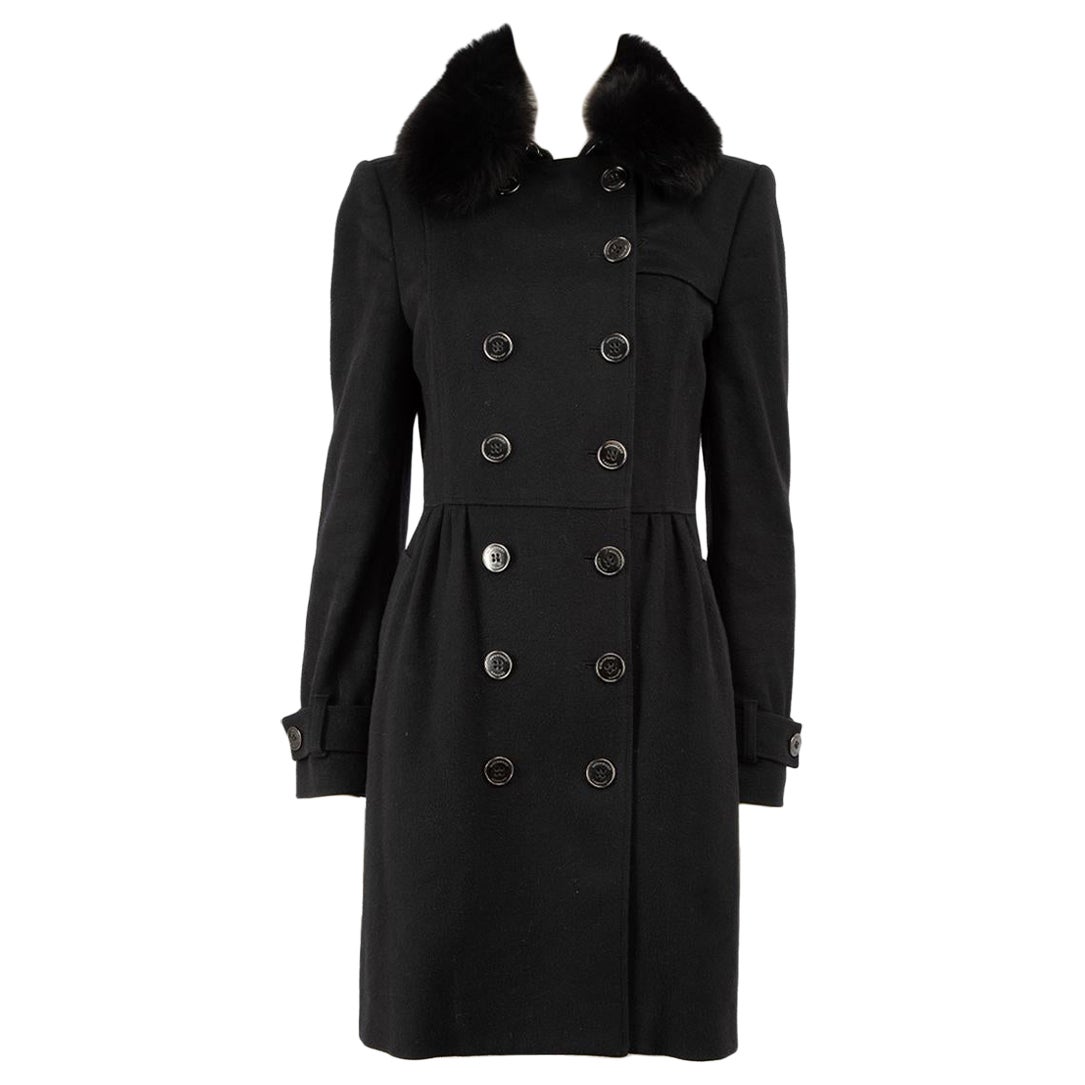 Burberry Black Wool Fur Trim Mid-Length Coat Size S For Sale