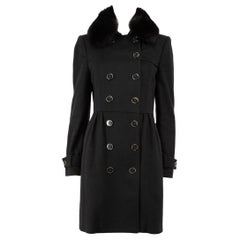 Burberry Black Wool Fur Trim Mid-Length Coat Size S