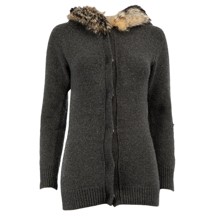 Prada Grey Wool Fur Trim Hooded Knit Cardigan Size XS For Sale