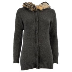 Prada Grey Wool Fur Trim Hooded Knit Cardigan Size XS
