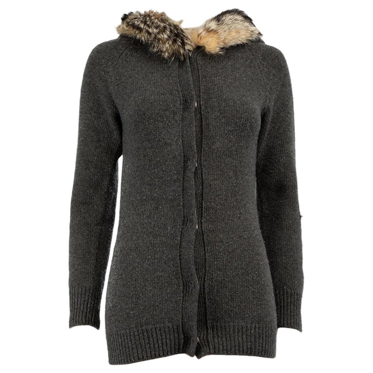 Prada Grey Wool Fur Trim Hooded Knit Cardigan Size XS at 1stDibs 