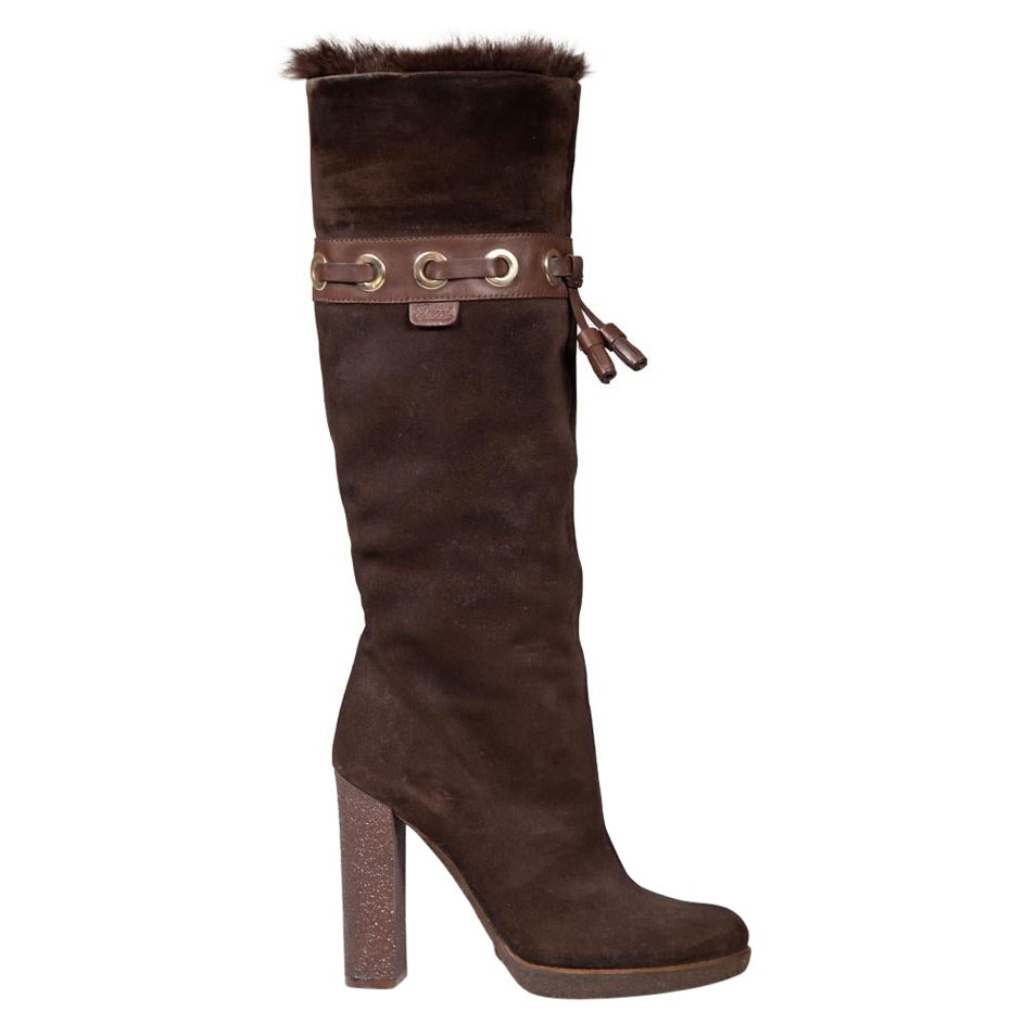 Gucci Brown Suede Fur Lined Tassels Accent Boots Size US 7 For Sale