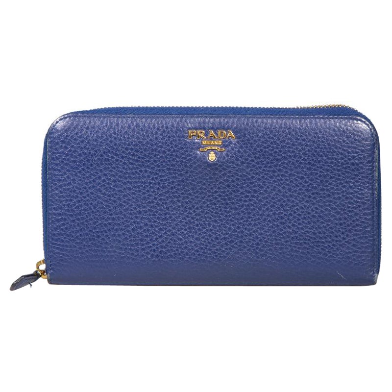 Prada Blue Leather Zip-Around Wallet For Sale