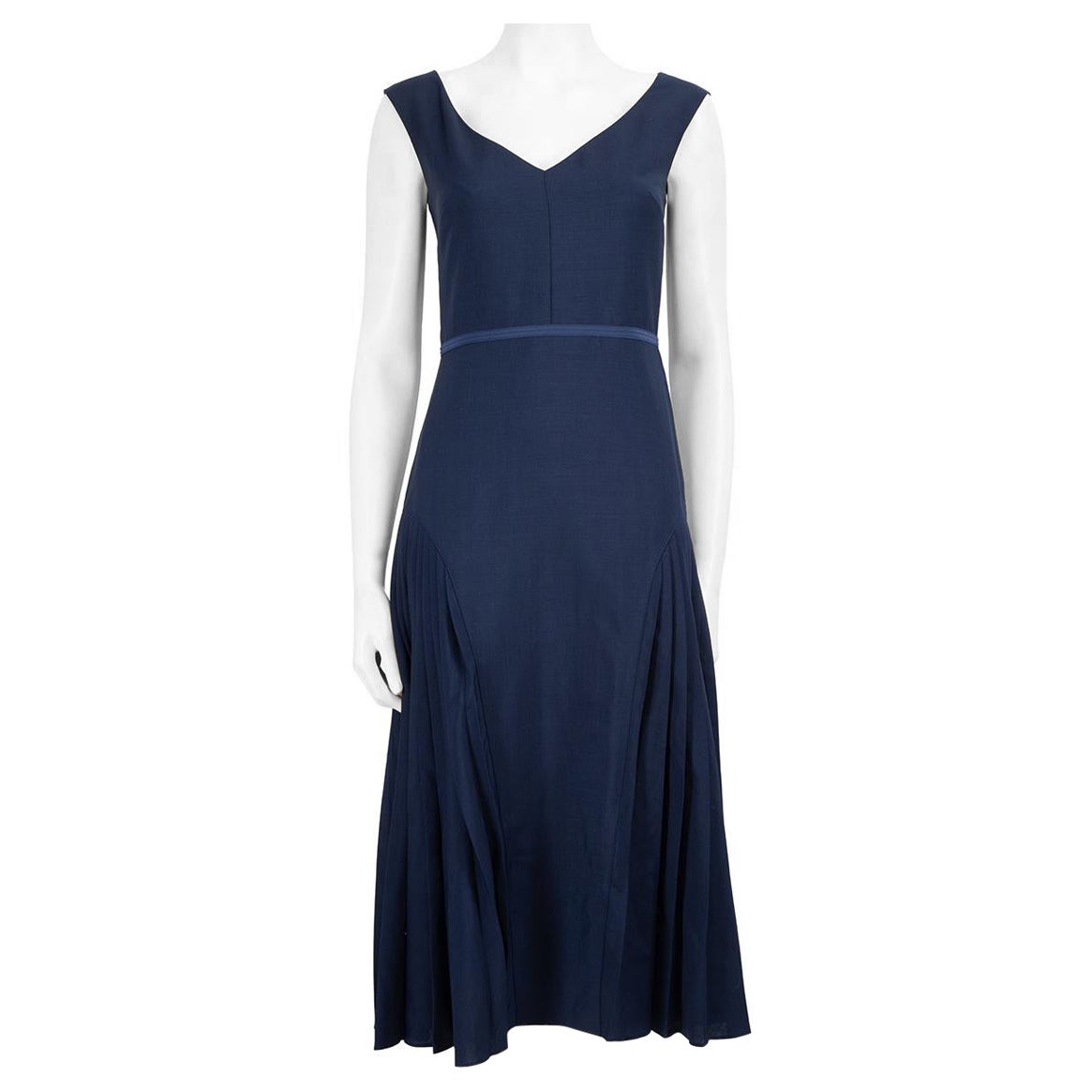 Fendi Navy Wool V-Neck Pleated Accent Midi Dress Size XS For Sale