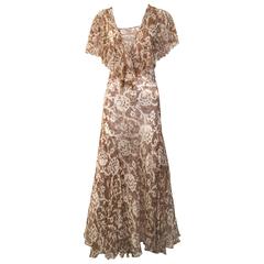 1930s brown and creme floral print silk chiffon dress