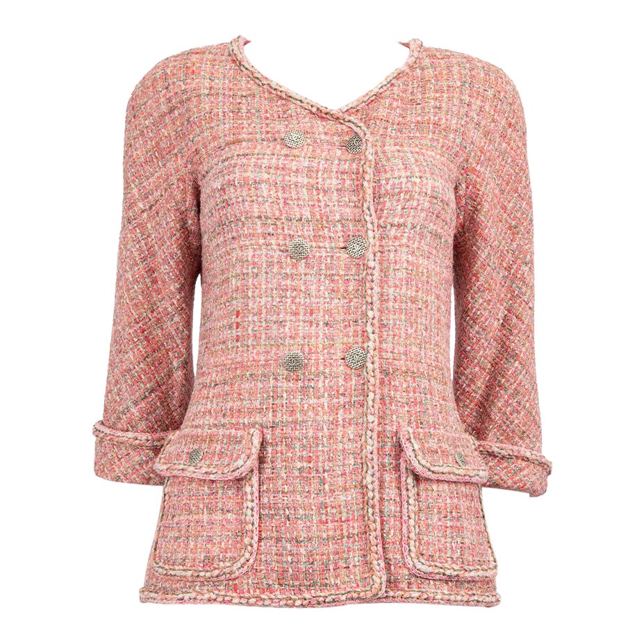 Chanel 2014 Pink Tweed Double-Breasted Jacket Size S For Sale