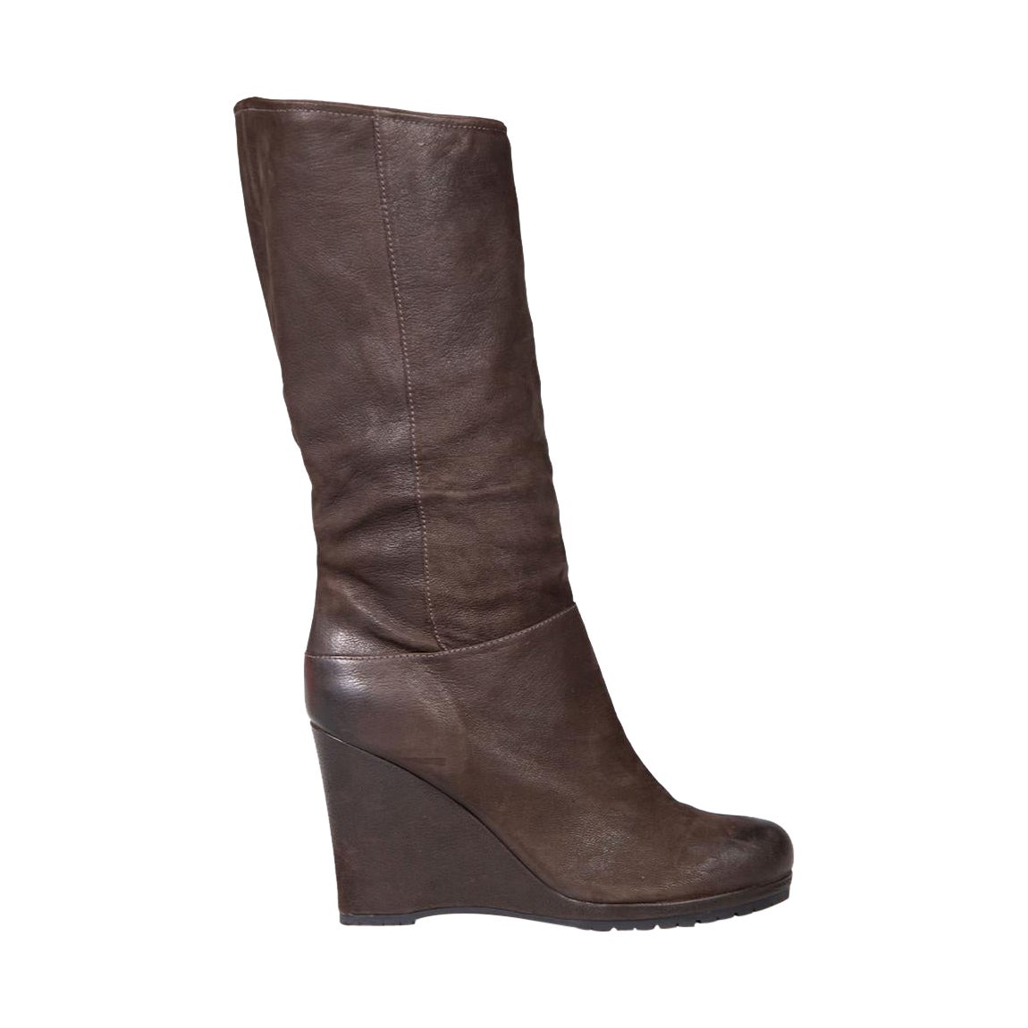 Prada Brown Leather Mid Calf Wedge Boots Size IT 38 For Sale