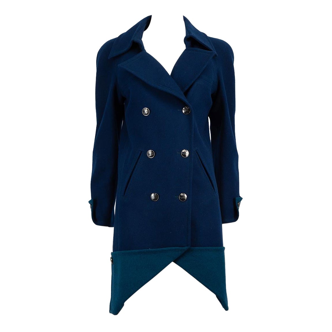 Chanel 13A Blue Wool Runway Two Tone Double Breasted Coat Size M For Sale