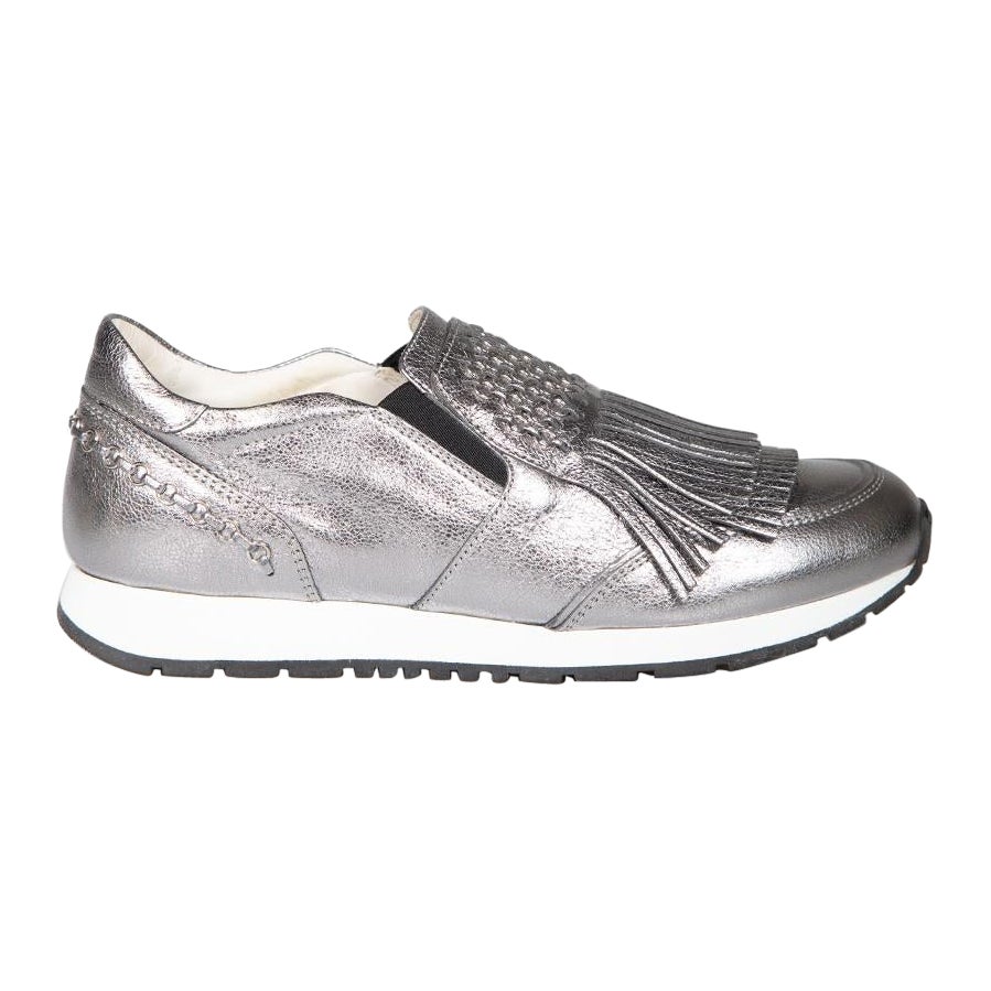 Tod's Silver Leather Fringe Accent Slip On Trainers Size IT 37.5 For Sale