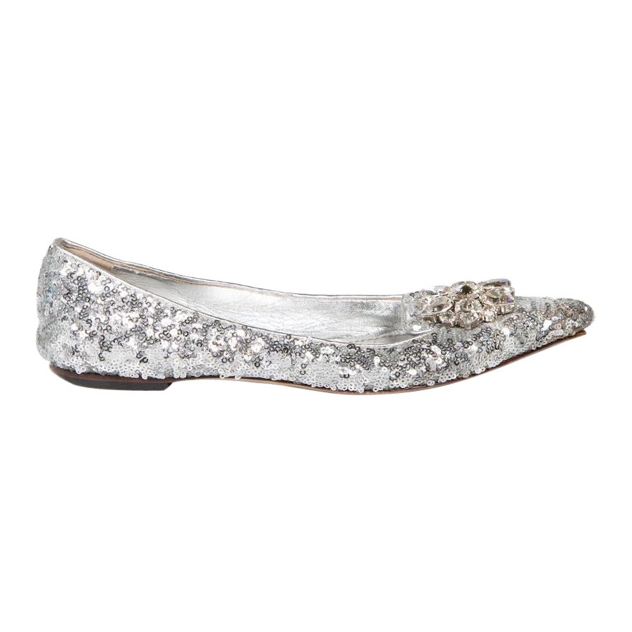 Dolce & Gabbana Silver Crystal Embellished Flats Size IT 37 For Sale
