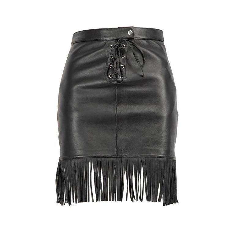 Maje Black Leather Fringed Hem Skirt Size S For Sale