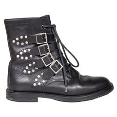 Saint Laurent Black Leather Studded Combat Boots Size IT 39.5