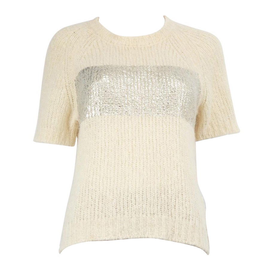 Moncler Ecru Wool Foil Detail Short Sleeve Jumper Size L For Sale