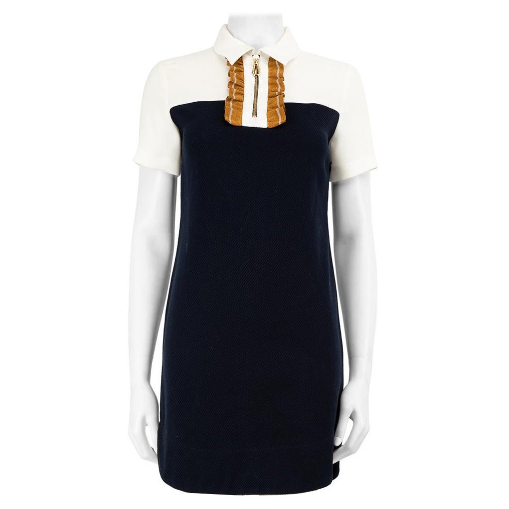 Sandro Navy Ruffle Neck Zip Front Mini Dress Size XS For Sale