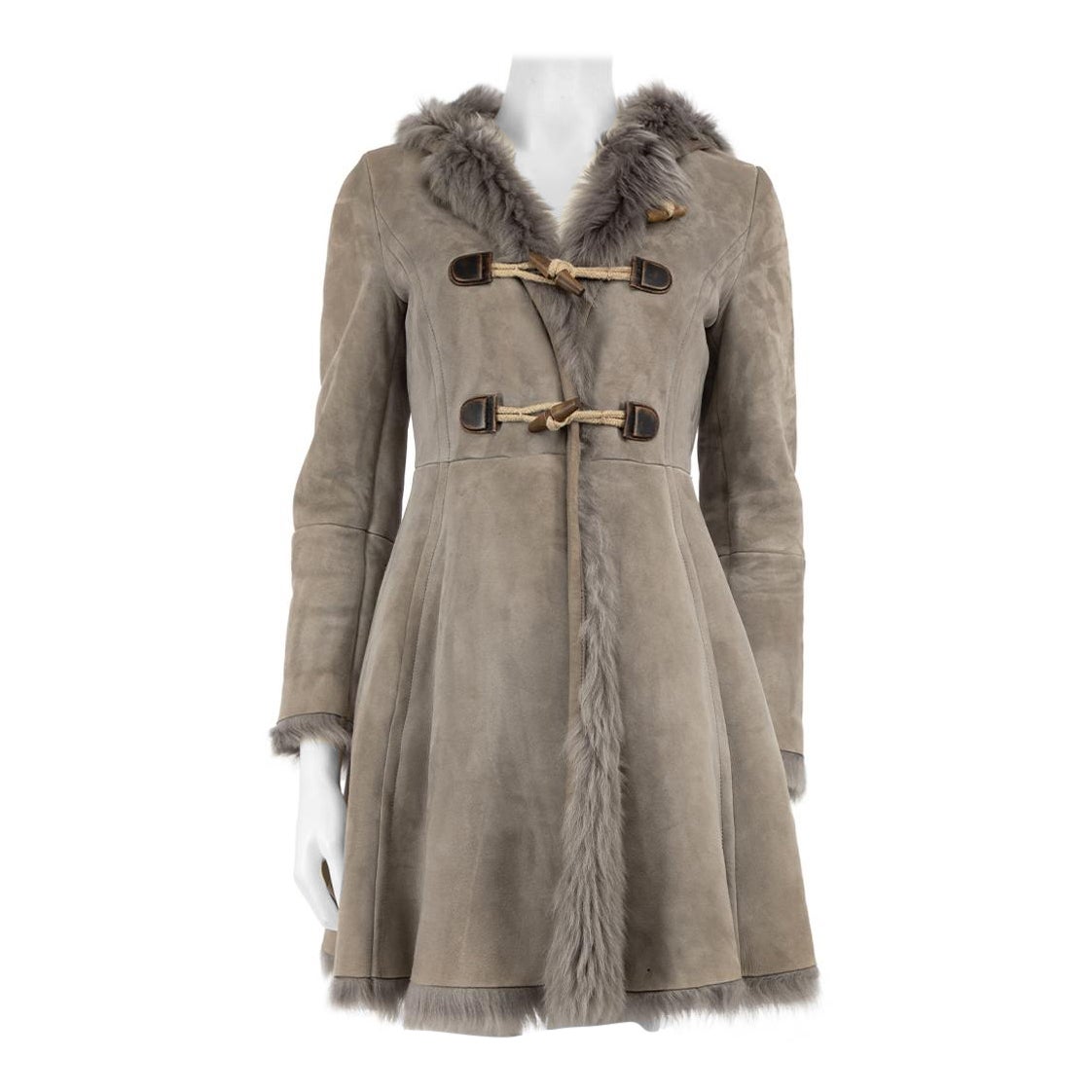 Prada Grey Suede Mid-Length Shearling Lined Coat Size XS For Sale