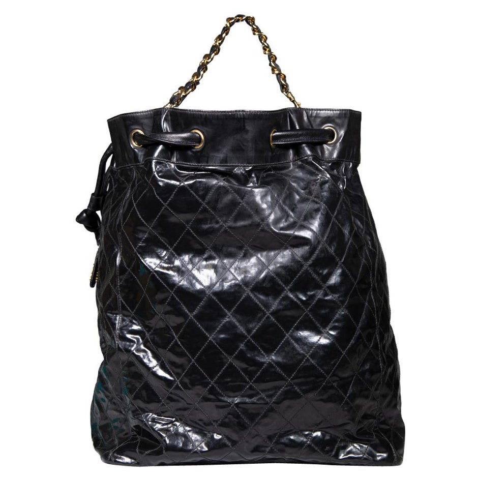 Chanel Vintage Black Leather Quilted Duffle Bag XL For Sale
