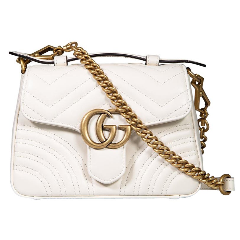 Gucci White Leather Matelasse Mini GG Marmont Top Handle Bag For Sale