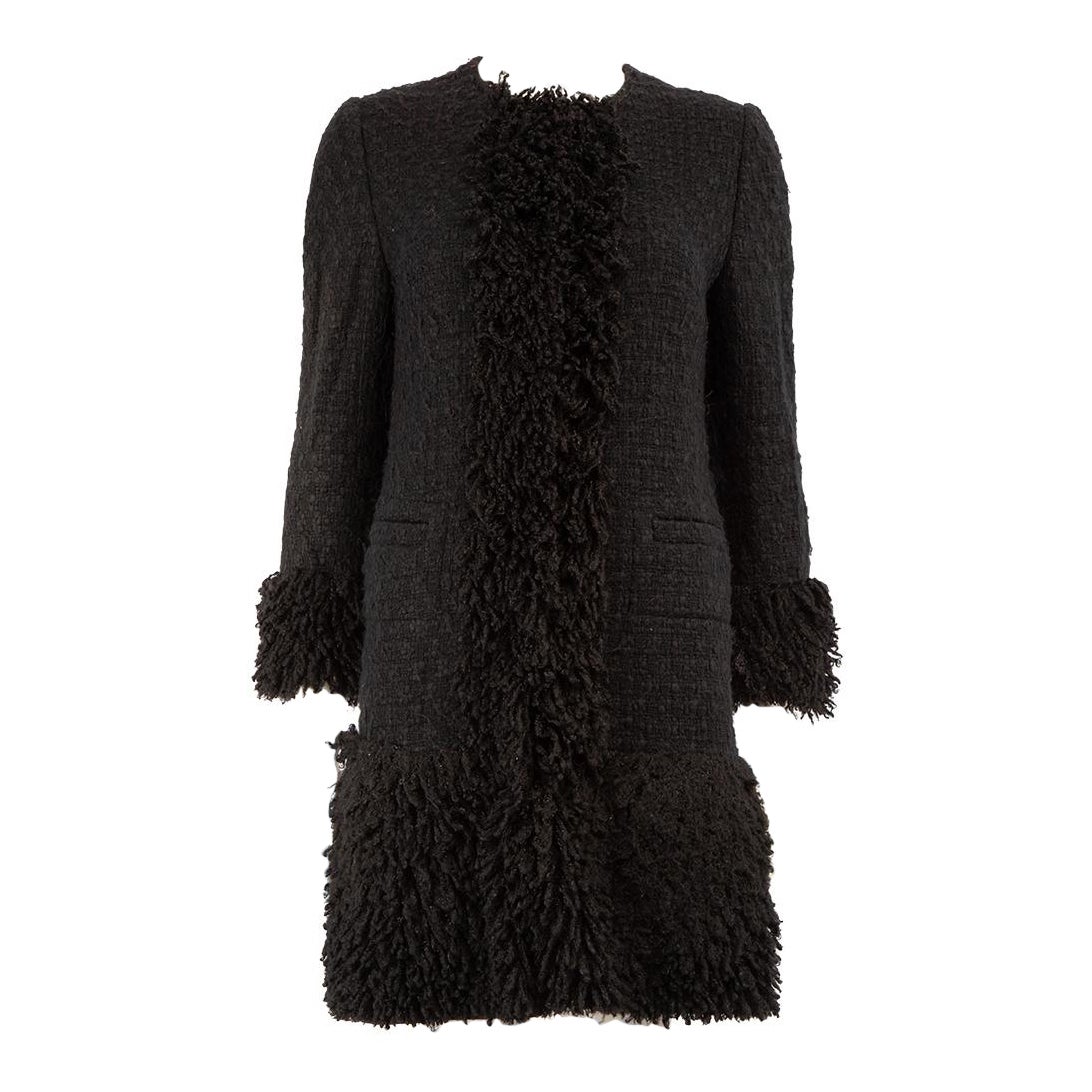 Dolce & Gabbana Schwarzer Tweed-Mantel mit Quastenbesatz Größe M im Angebot