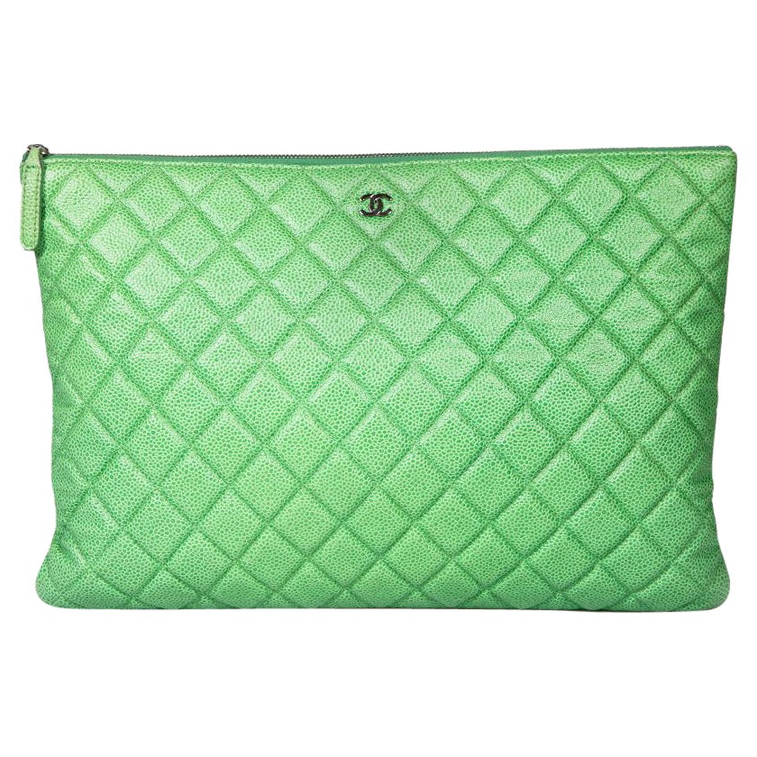 Chanel Green Caviar Leather Quilted Large O-Case Clutch For Sale