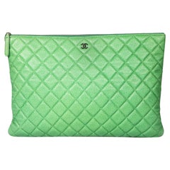 Used Chanel Green Caviar Leather Quilted Large O-Case Clutch
