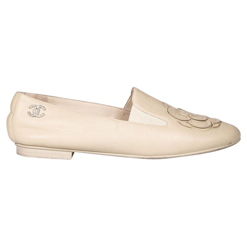 Chanel Beige Leather Camellia Laser Cut Loafers Size IT 36.5 For Sale