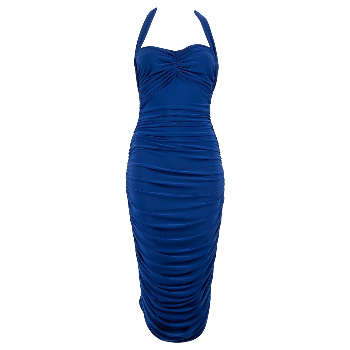 Norma Kamali Blaues gerafftes Kleid mit Neckholder-Ausschnitt Größe XS im Angebot