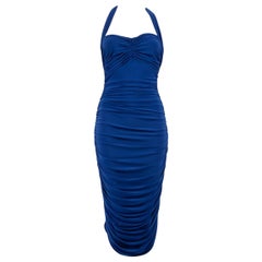 Norma Kamali Vestido azul acanalado de cuello alto Talla XS