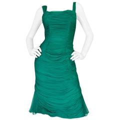 Rare c1958 Jean Desses Green Silk Elaborate Pleat Dress
