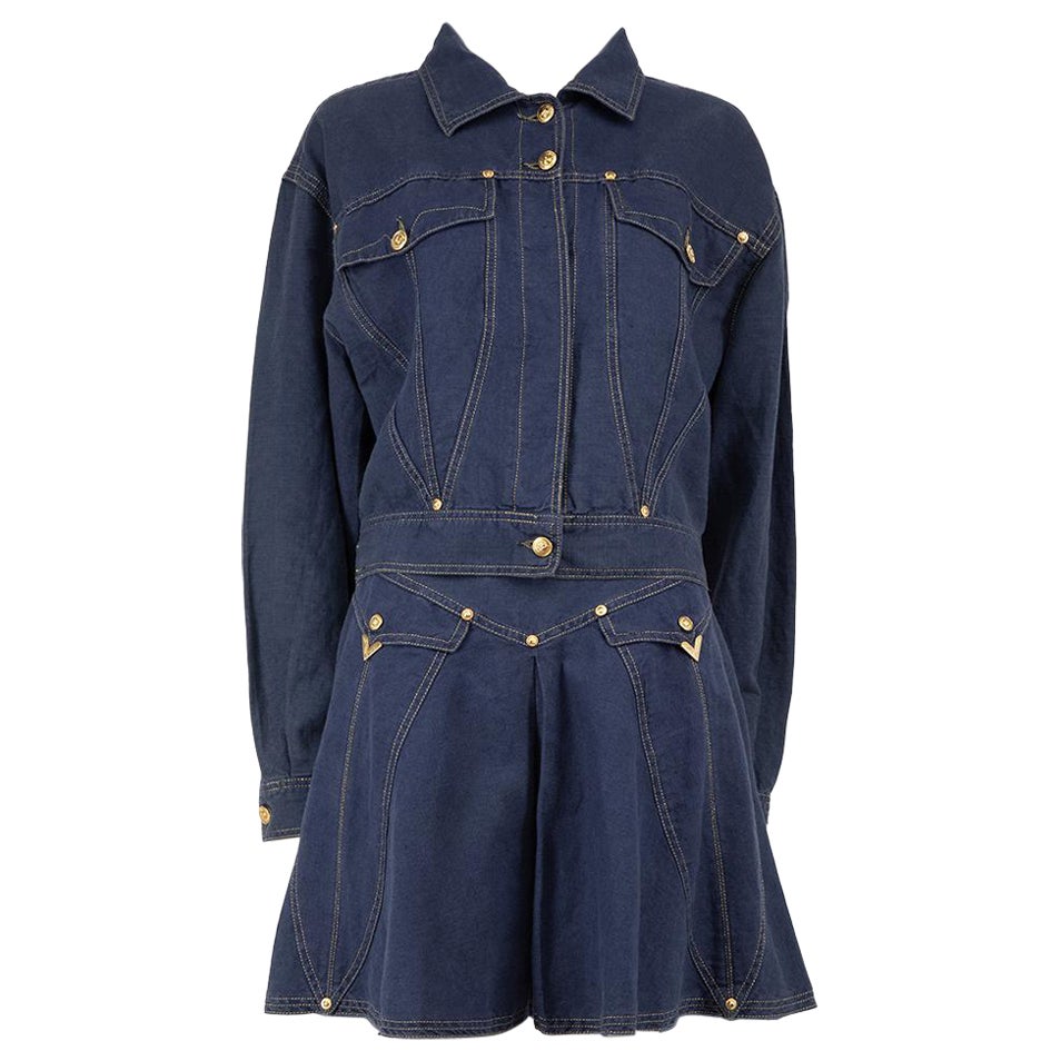 Versace Blue Jacket & Skirt Matching Set Size L For Sale