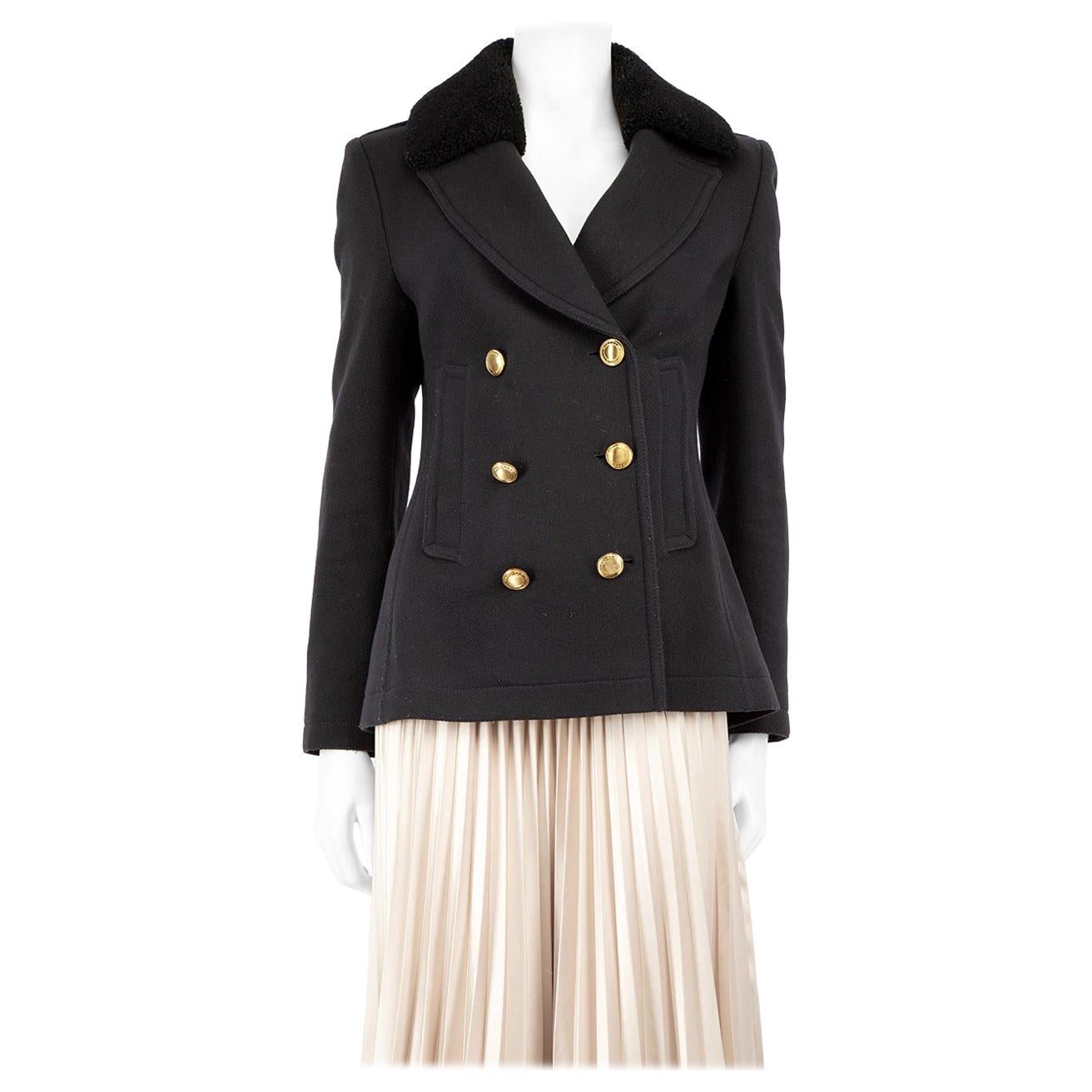 Manteau à col en laine et shearling noir de Burberry Taille S en vente