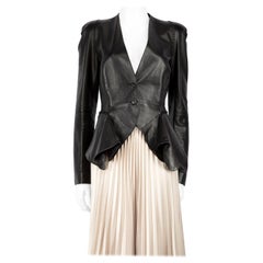 Alexander McQueen Black Leather Flared Hem Blazer Size L