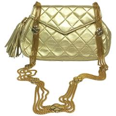 Chanel Rare Vintage Gold Quilted Leather Jewelry Style Multi Chain Tassel Bag