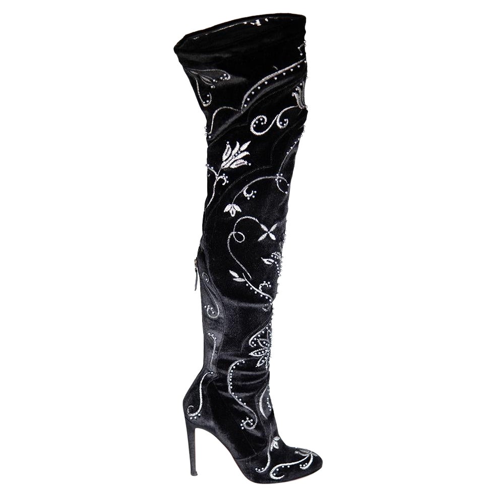 Aquazzura Black Velvet Floral Over the Knee Boots Size IT 38 For Sale