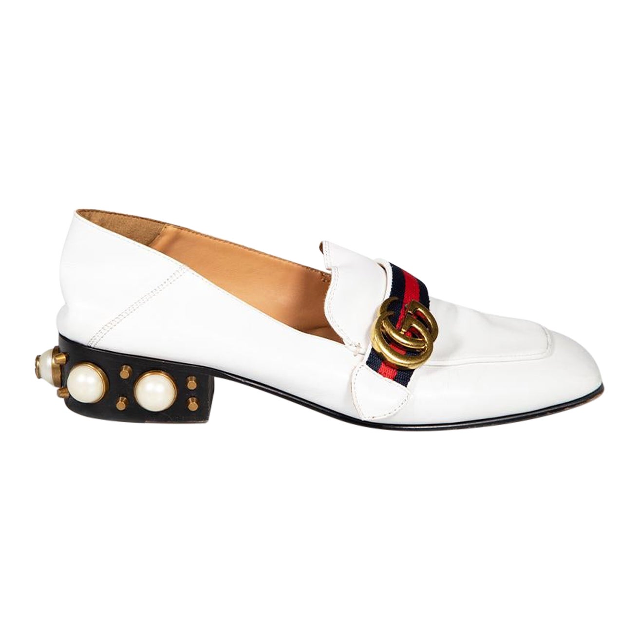 Gucci White Leather Web GG Faux Pearl Loafers Size IT 39 For Sale