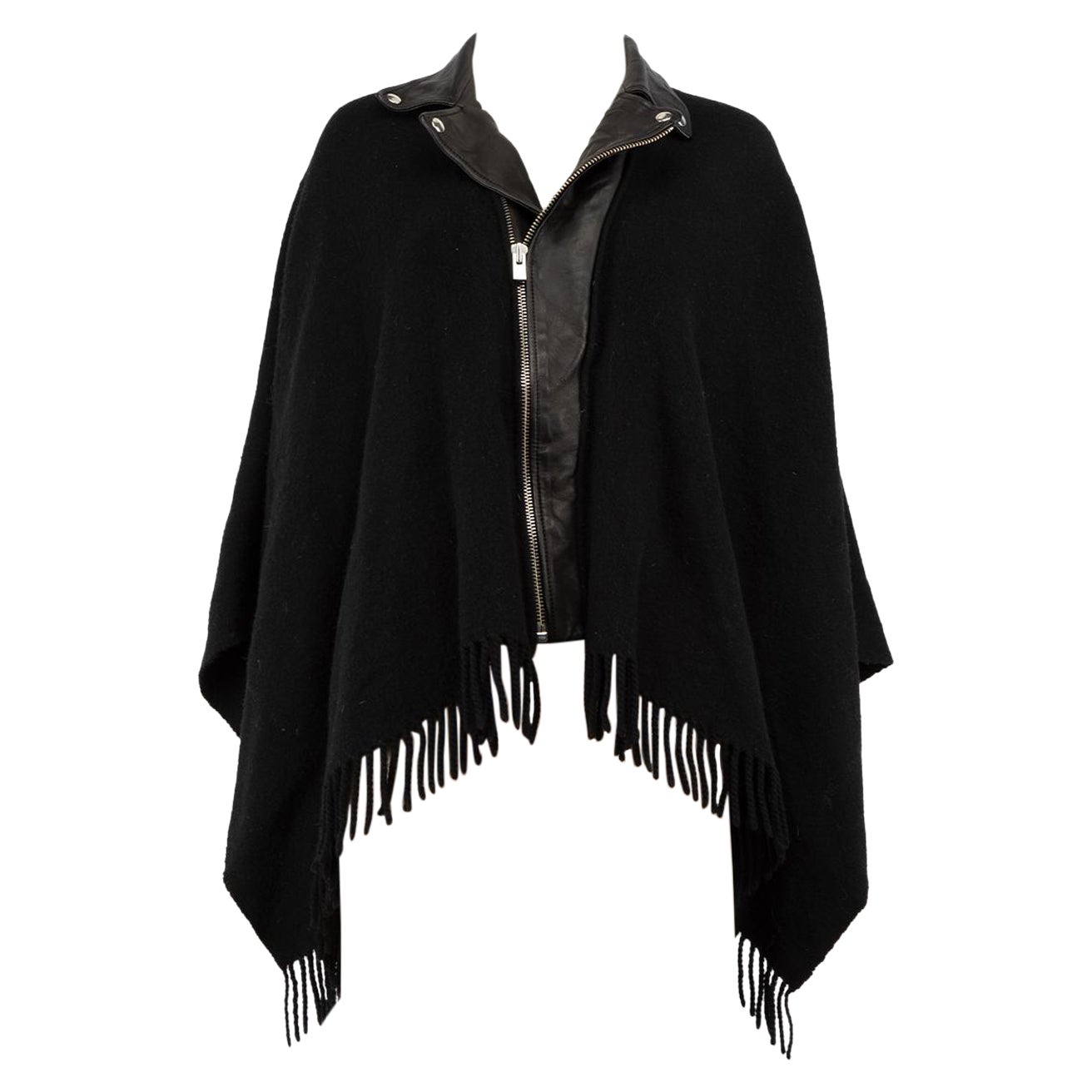 The Kooples Black Wool Leather Collar Fringed Poncho Size M For Sale