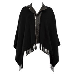 Used The Kooples Black Wool Leather Collar Fringed Poncho Size M