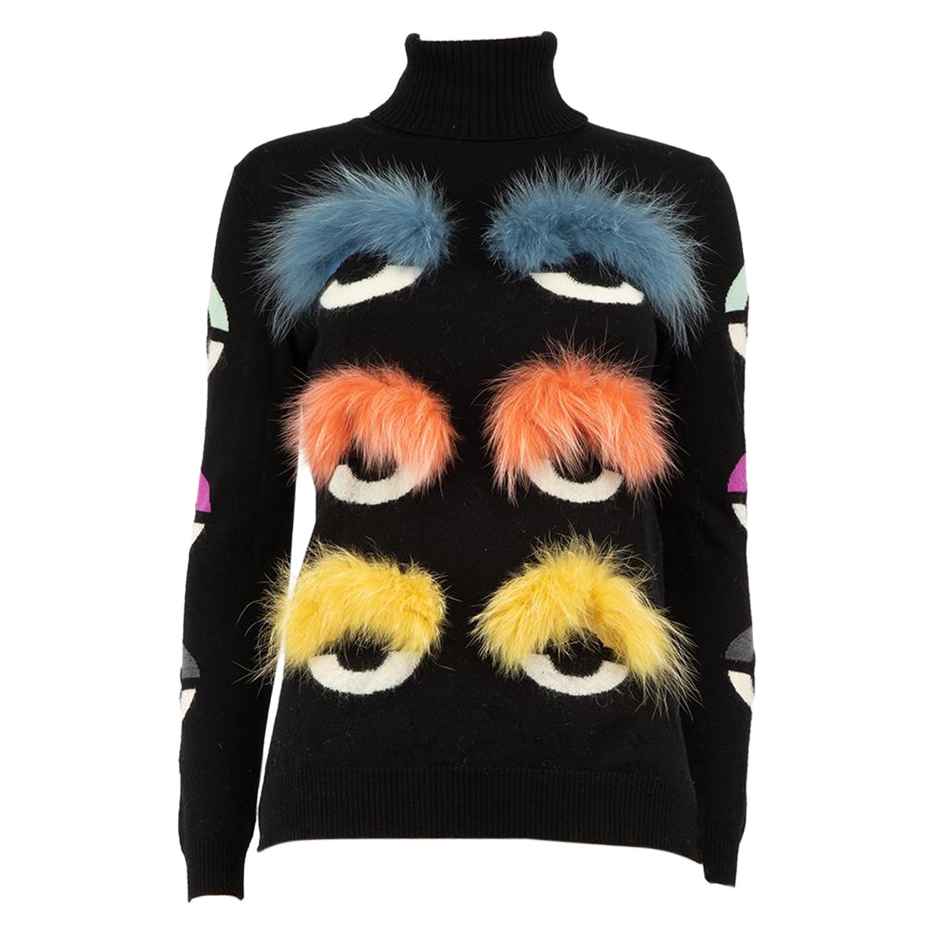 Fendi Black Wool Turtleneck Fur Eyes Jumper Size XS For Sale