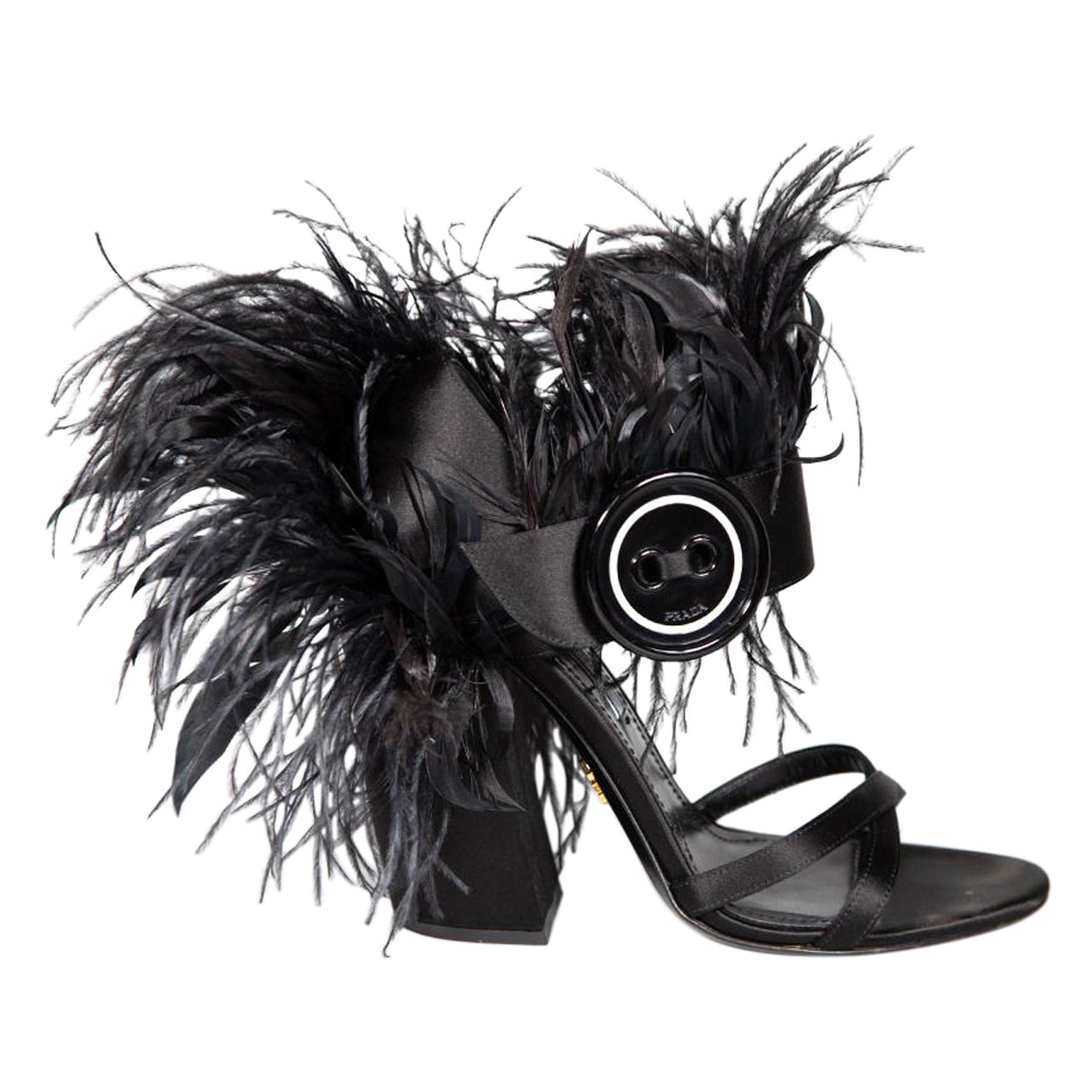 Prada Black Satin Feather Trim Block Heels Size IT 37 For Sale