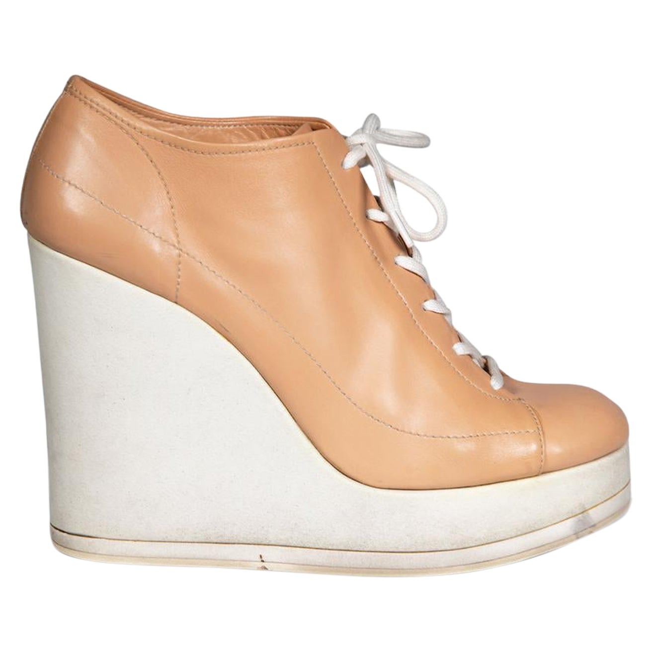 Jil Sander Beige Leather Lace Up Wedge Trainers Size IT 39.5 For Sale